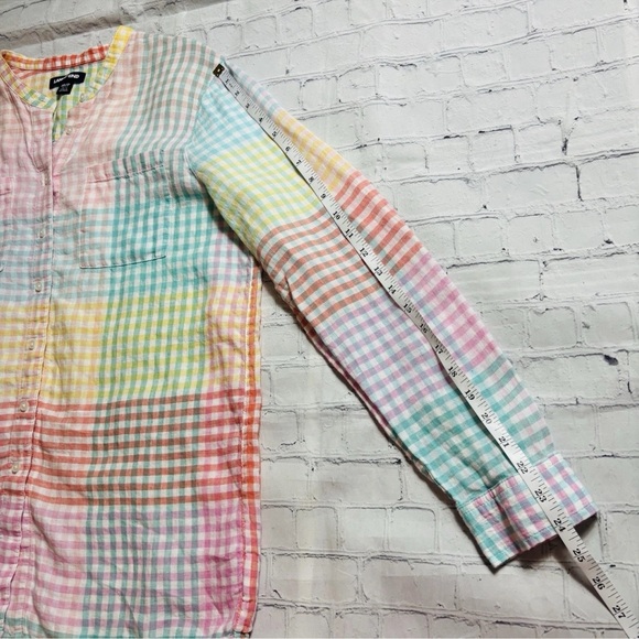 Lands End Women’s Petite M Pastel Patchwork Gingham Plaid Linen Rainbow Top - Picture 8 of 11